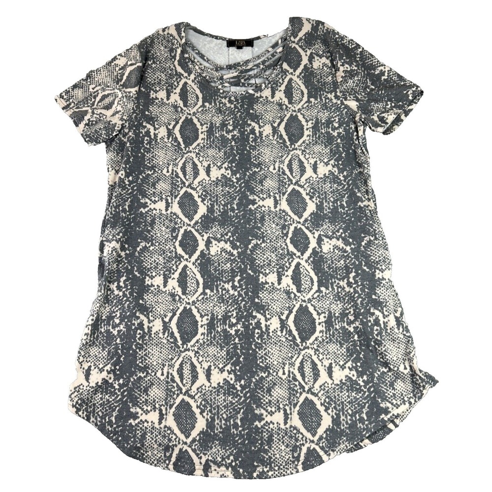 L&B Lucky & Blessed Large Gray Tan Snakeskin Swing Dress Short Sleeve Boho